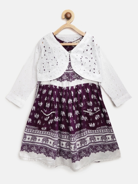 

Bella Moda Girls Purple & White Printed Fit & Flare Dress with Shrug