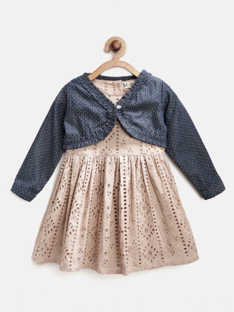 

Bella Moda Girls Beige & Navy Schiffli Embroidered Fit & Flare Dress with Shrug