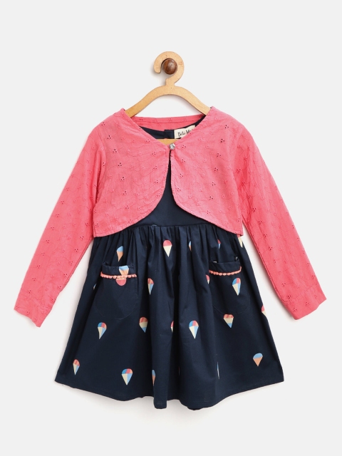 

Bella Moda Girls Navy Blue & Pink Quirky Print Fit & Flare Dress with Crop Shrug