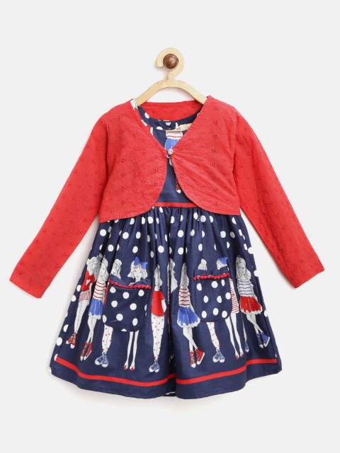 

Bella Moda Girls Navy Blue & Red Printed Fit & Flare Dress with Crop Shrug
