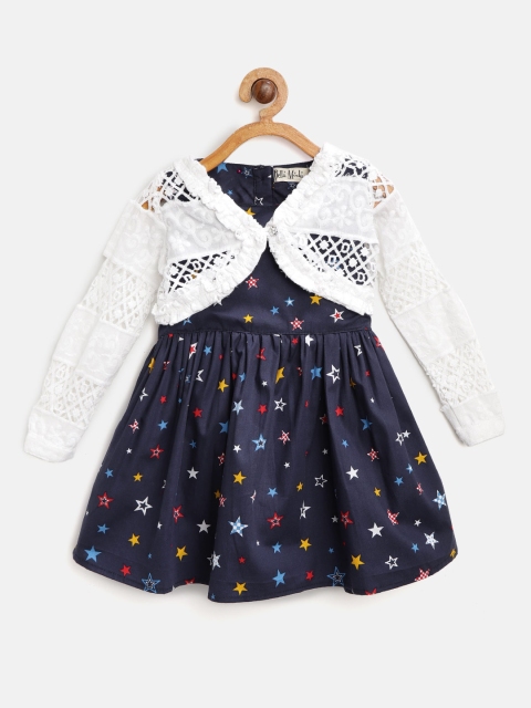 

Bella Moda Girls Navy Blue & Printed Fit & Flare Dress with Crop Shrug