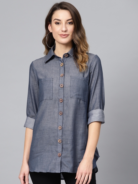 

Femella Women Navy Blue Relaxed Fit Chambray Solid Casual Shirt