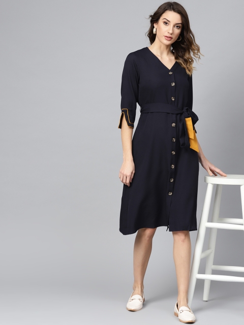 

Femella Women Navy Blue Solid A-Line Dress