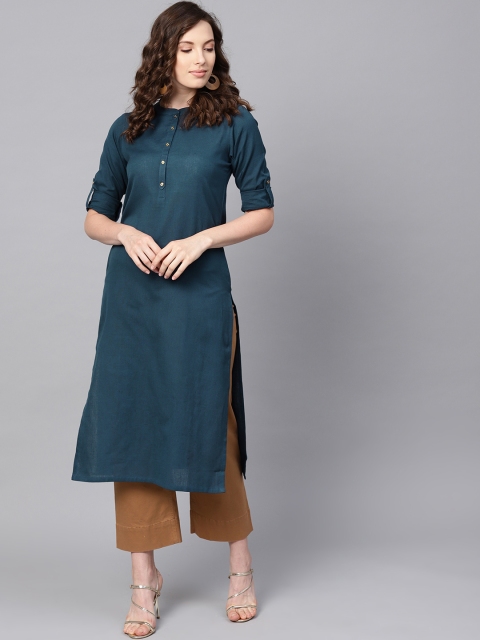 

AHIKA Women Teal Blue Solid Straight Kurta