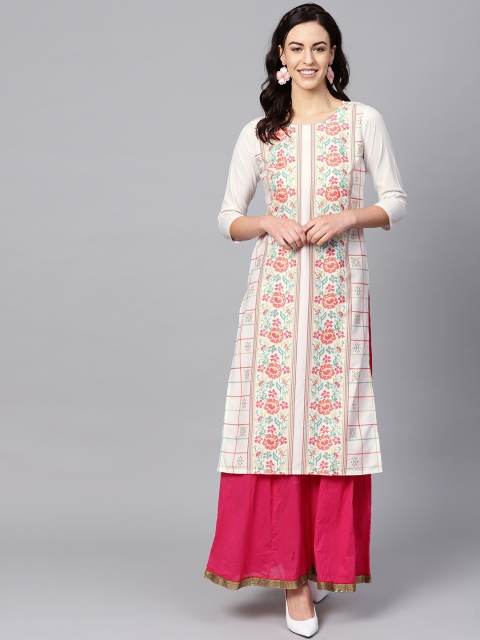 

AHIKA Women Off-White & Pink Printed Straight Kurta