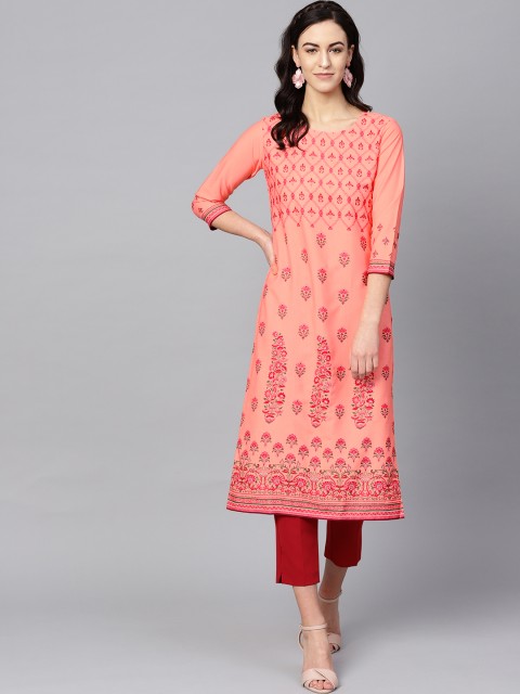 

AHIKA Women Peach-Coloured & Pink Printed Straight Kurta