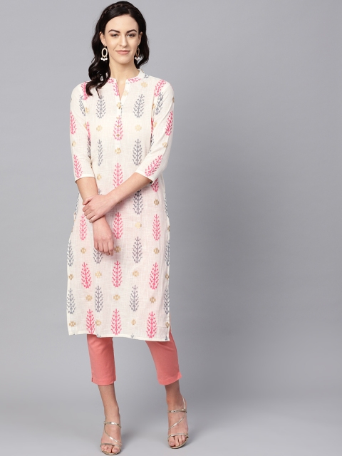 

AHIKA Women Off-White & Pink Printed Straight Kurta