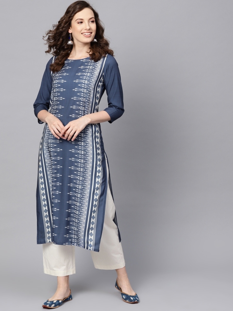 

AHIKA Women Navy Blue & Off-White Printed Straight Kurta