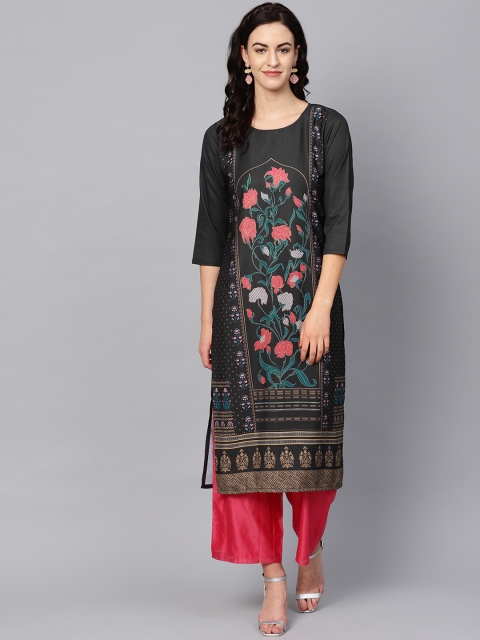 

AHIKA Women Charcoal Grey & Pink Printed Straight Kurta