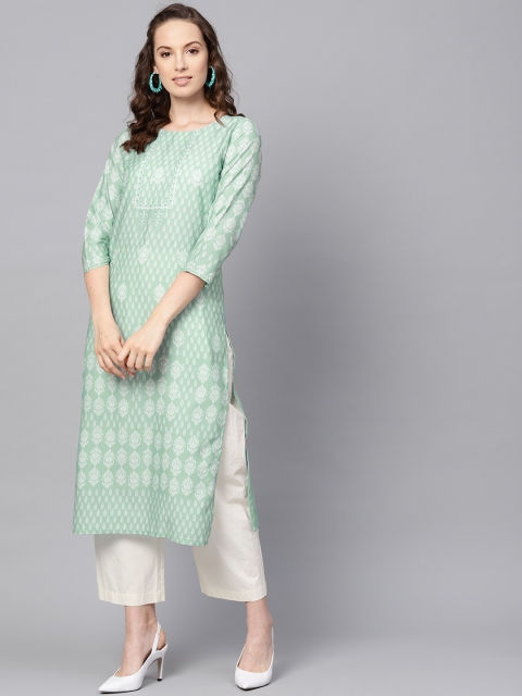 

AHIKA Women Sea Green & White Printed Straight Kurta