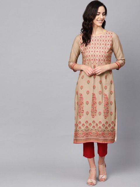 

AHIKA Women Beige & Red Floral Printed Straight Kurta