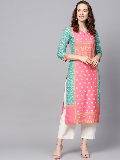 

AHIKA Women Pink & Green Printed Straight Kurta