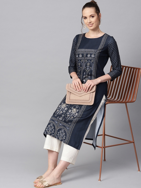 

AHIKA Women Navy Blue & White Printed Straight Kurta
