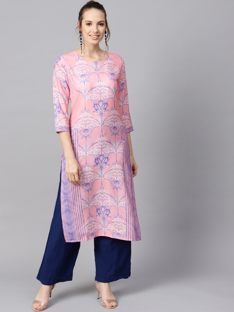 

AHIKA Women Pink & Blue Floral Print Straight Kurta