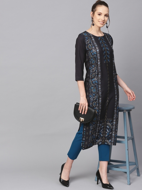 

AHIKA Women Black & Blue Printed Straight Kurta