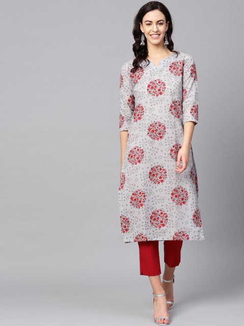 

AHIKA Women Grey & Red Printed Straight Kurta