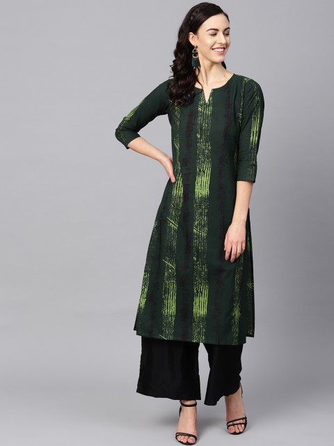 

AHIKA Women Green Striped Straight Kurta