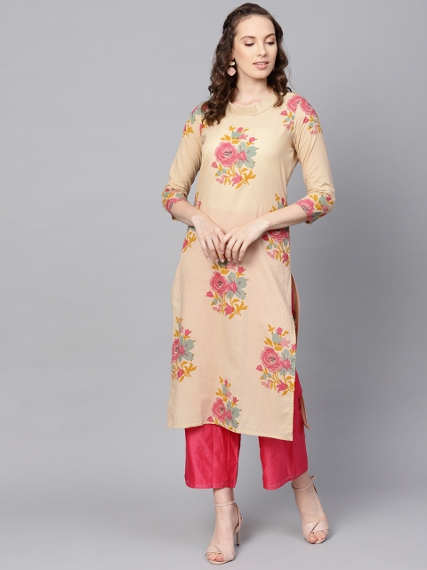 

AHIKA Women Beige & Pink Floral Print Straight Kurta