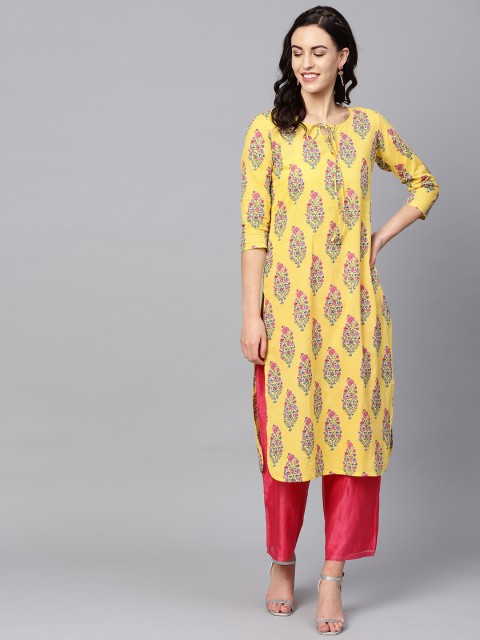 

AHIKA Women Yellow & Pink Floral Printed Straight Kurta