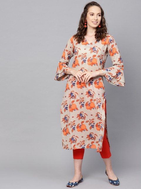 

AHIKA Women Grey & Orange Floral Printed Straight Kurta