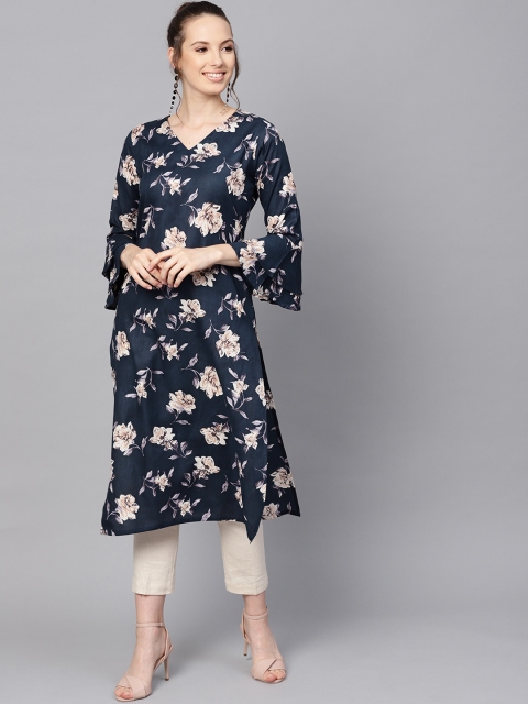 

AHIKA Women Navy Blue & Beige Floral Printed Straight Kurta
