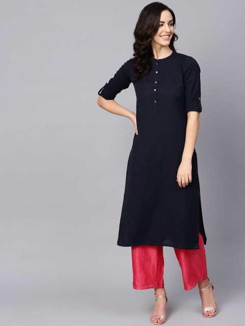 

AHIKA Women Navy Blue Solid Straight Kurta