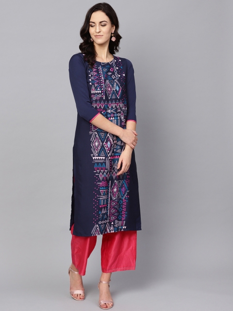 

AHIKA Women Navy Blue & Pink Printed Straight Kurta