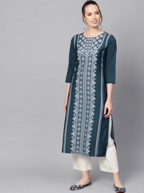 

AHIKA Women Teal Blue & Off-White Printed Straight Kurta