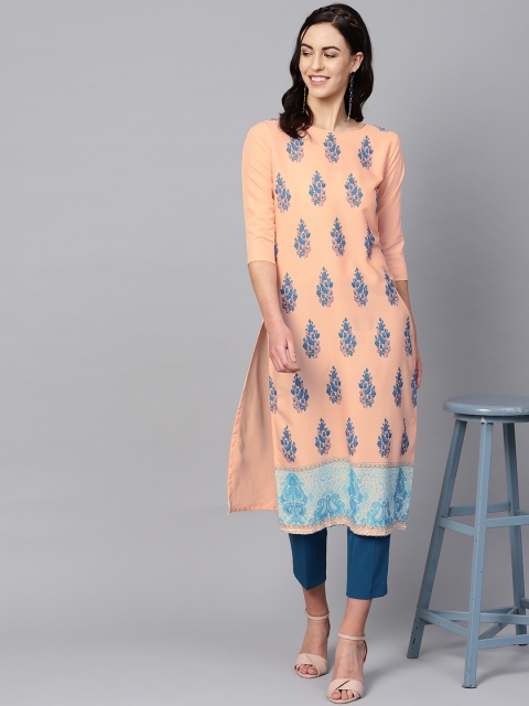 

AHIKA Women Peach-Coloured & Blue Printed Straight Kurta