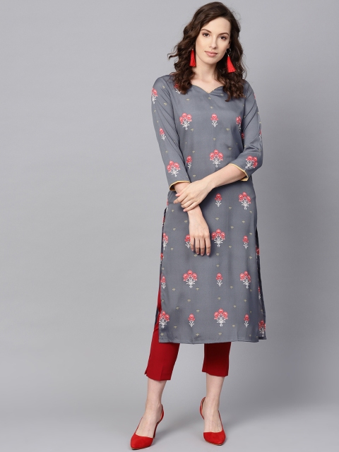 

AHIKA Women Grey & Pink Floral Print Straight Kurta