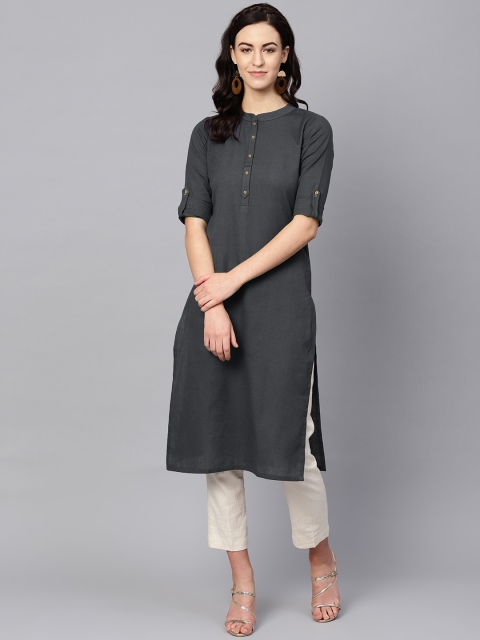 

AHIKA Women Charcoal Grey Solid Straight Kurta