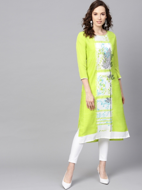 

AHIKA Women Lime Green & White Floral Print Straight Kurta