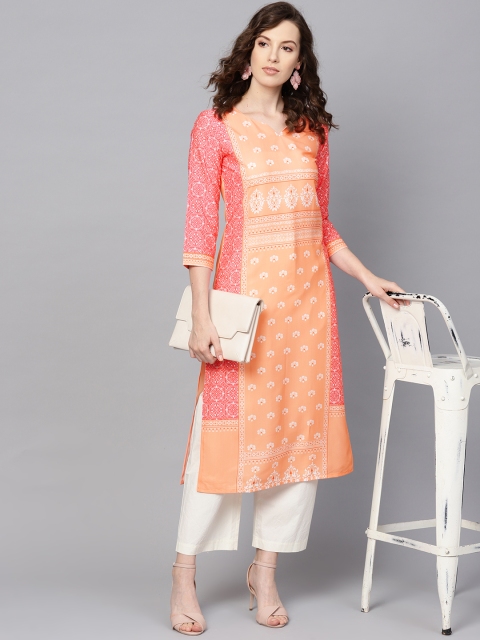 

AHIKA Women Peach-Coloured & Pink Printed Straight Kurta