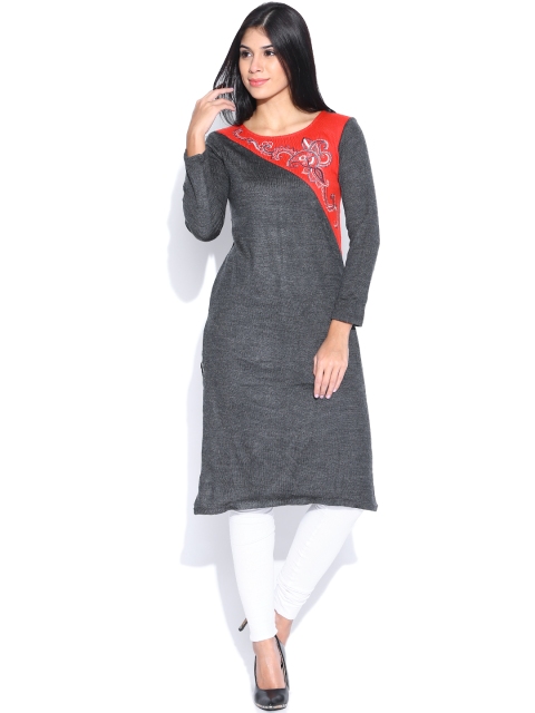 

Aurelia Charcoal Grey Embroidered Panelled Winter Kurta