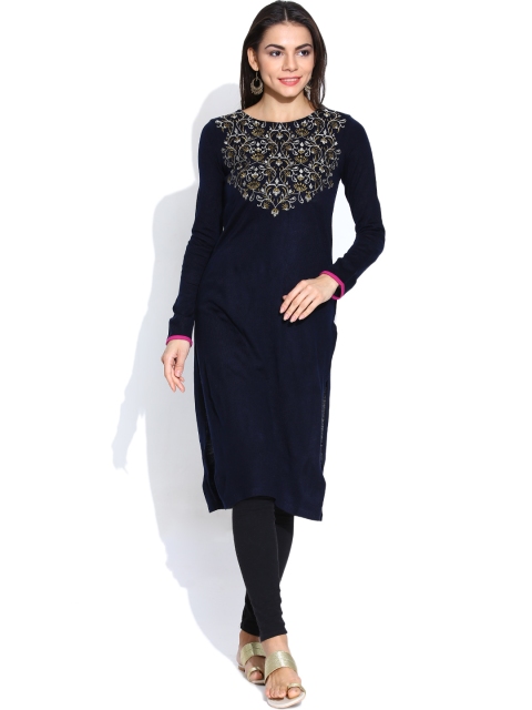 

Aurelia Navy Embroidered Winter Kurta, Navy blue