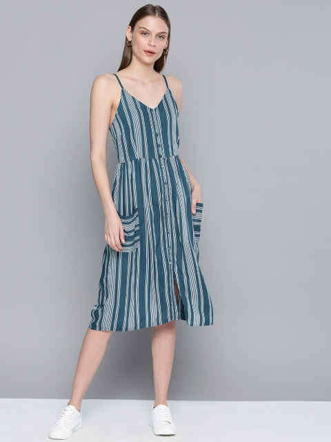 

Chemistry Women Striped Teal Blue & White Fit and Flare Dress
