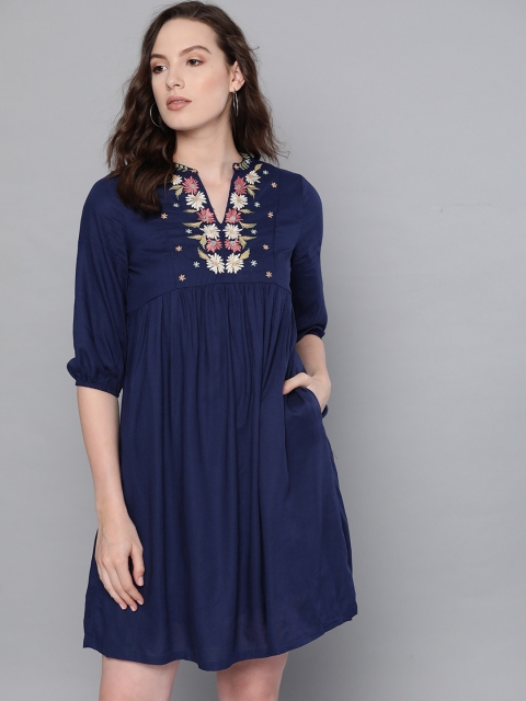 

Chemistry Women Navy Blue Floral Embroidered Detail A-Line Dress