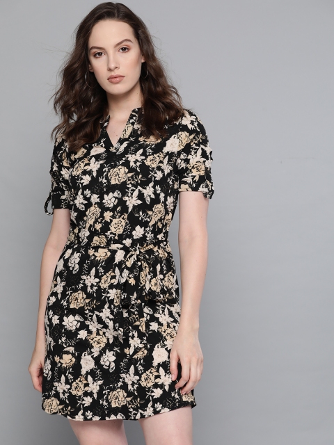 

Chemistry Women Black & Off-White Floral Printed A-Line Dress
