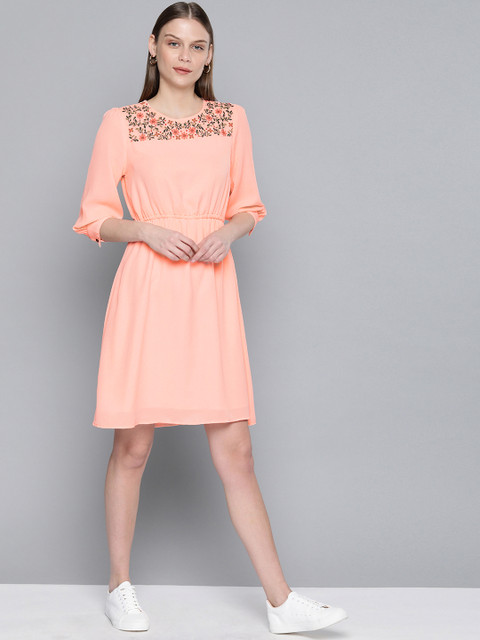 

Chemistry Women Embroidered Peach-Coloured Fit and Flare Dress