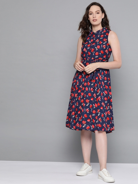 

Chemistry Women Navy Blue & Pink Floral Print Shirt Dress