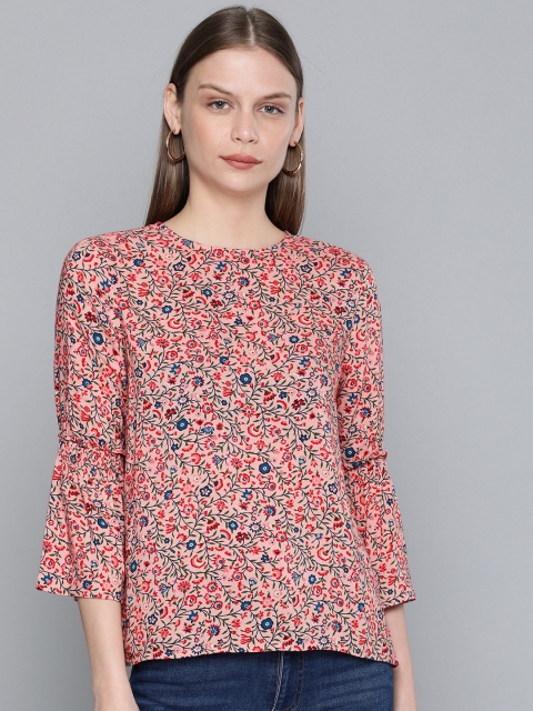 

Chemistry Women Coral Pind & Red Floral Printed Regular Top