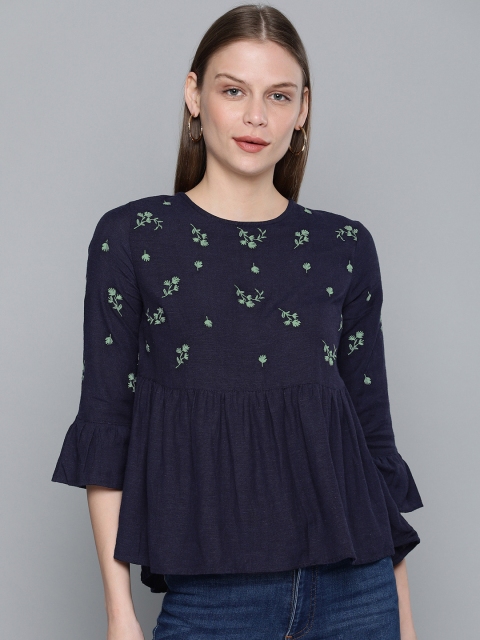 

Chemistry Women Navy Blue Embroidered A-Line Top