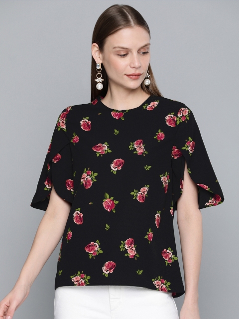 

Chemistry Women Black & Pink Floral Printed Regular Top