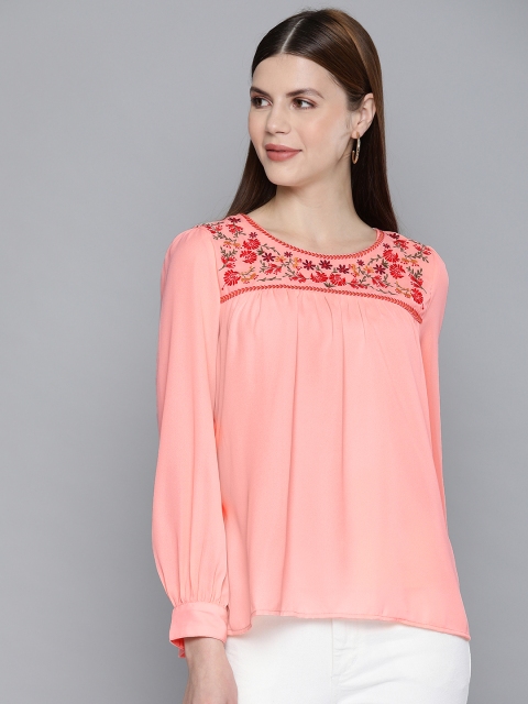 

Chemistry Women Peach-Coloured Solid Embroidered Regular Top