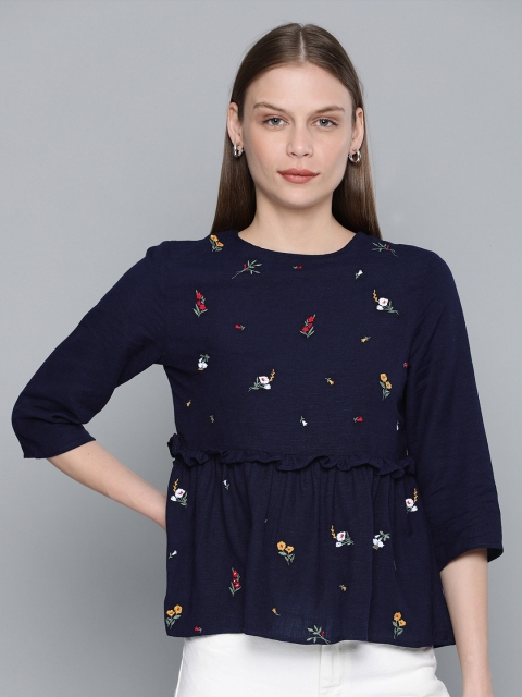

Chemistry Women Navy Blue Ditsy Floral Embroidered A-Line Top