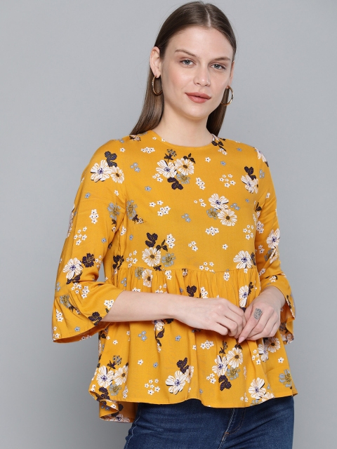 

Chemistry Women Mustard Yellow & White Floral Print A-Line Top