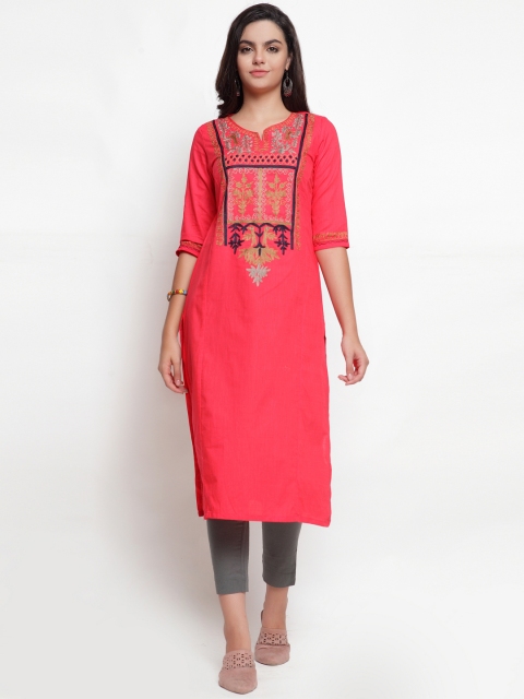 

ETIQUETTE Women Peach-Coloured Solid Pure Cotton Straight Kurti