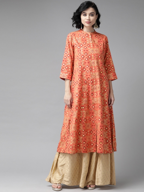 

Juniper Women Coral Pink & Gold-Coloured Foil Print A-Line Kurta