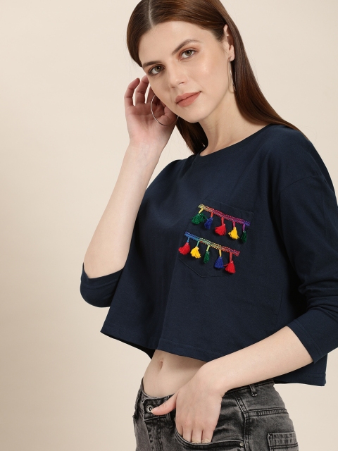 

Moda Rapido Women Navy Blue Solid Round Neck T-shirt