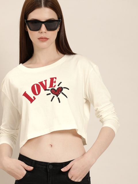 

Moda Rapido Women Off-White Printed Round Neck T-shirt